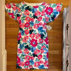 NWT Kasper Floral Midi Dress Lily White Multi Colors Pink, Blue, Green Sz 8